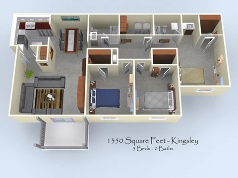 Floor plan for 3 beds, 2 baths, 1350 sqft
